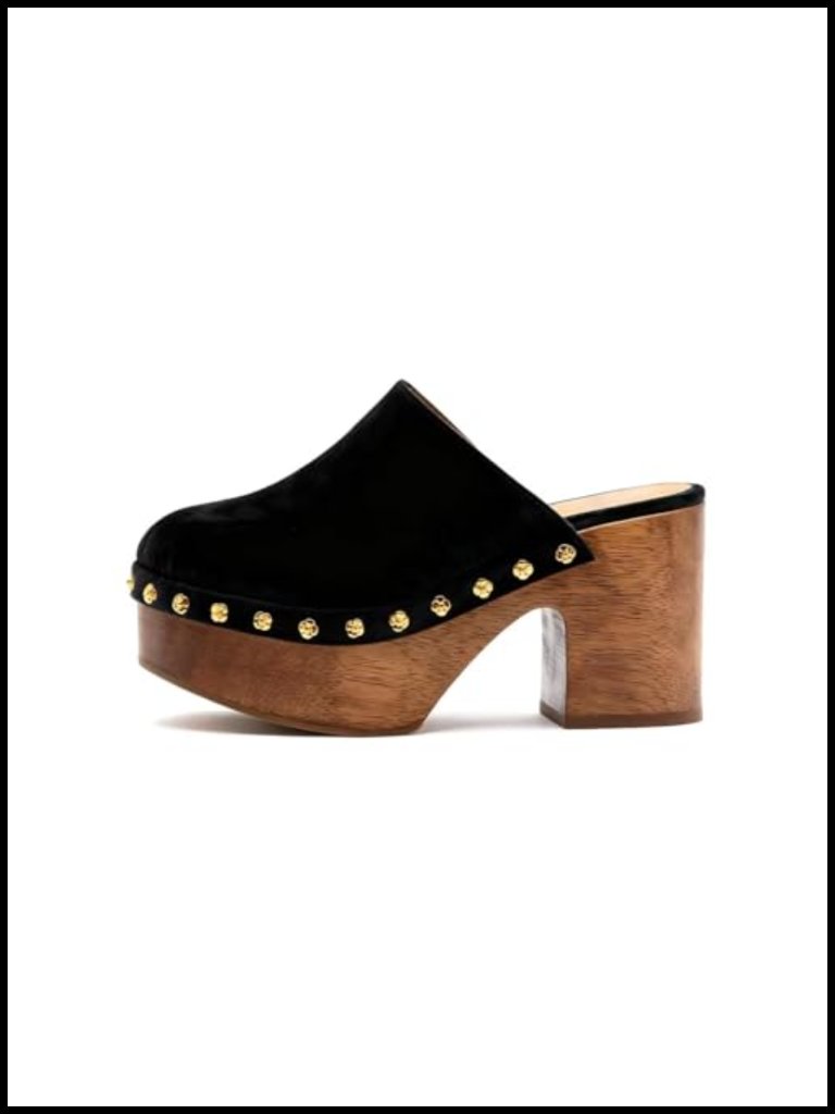 Studded Platform Chunky Heel Mules Clogs Slip-On Round Toe Suede Summer Slides